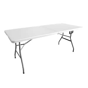 Sturdy 6 ft. Granite Rectangle Plastic Outdoor Dining Folding Table in White with Easy-Carry Handle, Scratch Resistant
