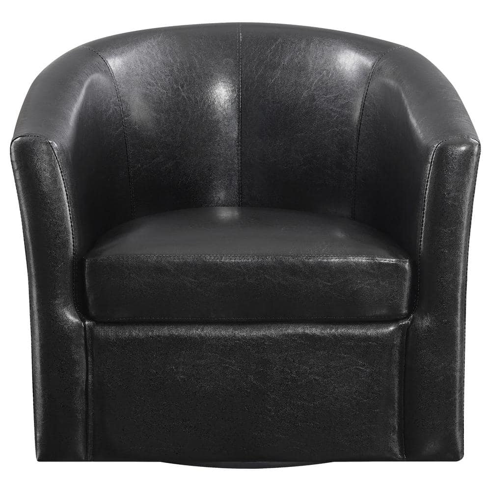 Black Faux Leather Barrel Swivel Accent Chair with Metal Base