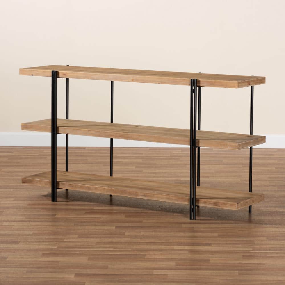 Natural Brown and Black Wood Metal Console Table with Storage