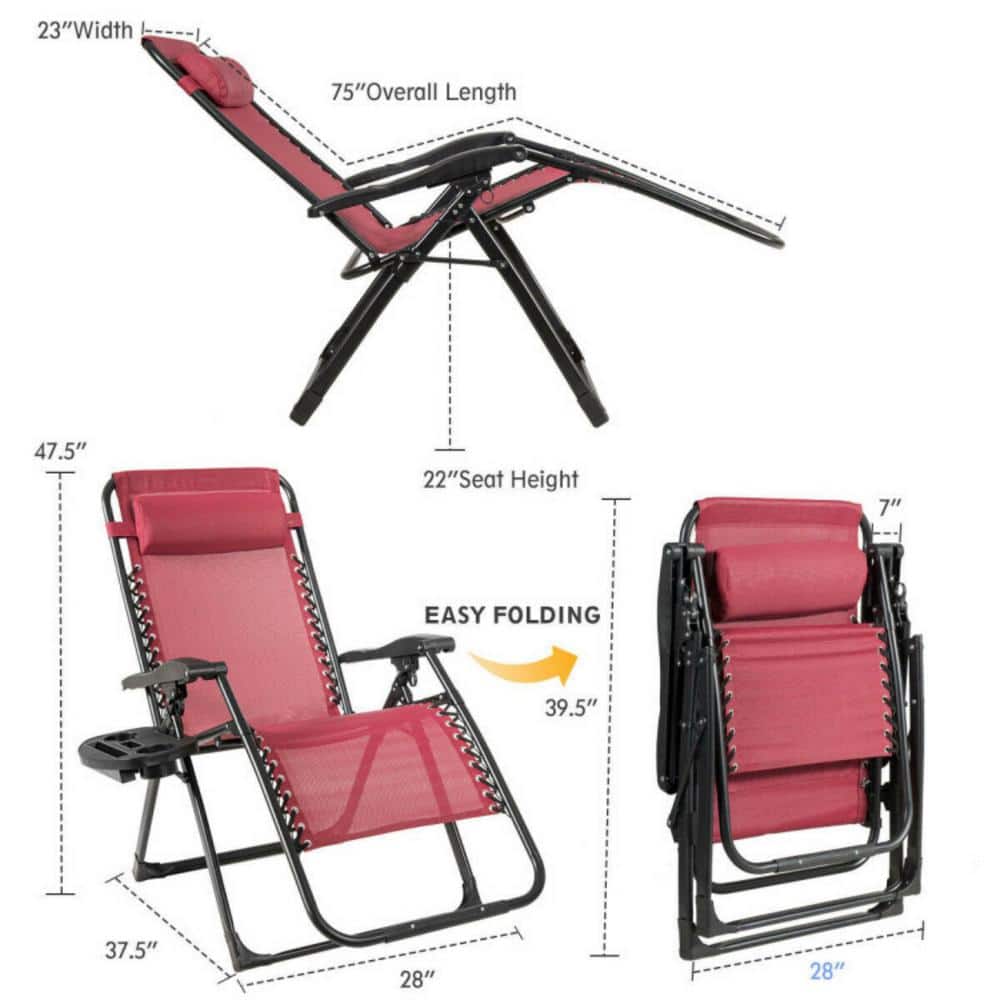 Dark Red Steel Frame Oversize Outdoor Lounge Chair with Cup Holder