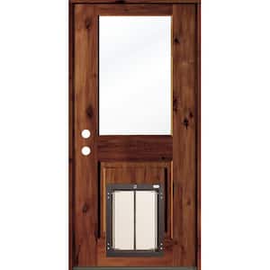 32 in. x 80 in. Knotty Alder Right-Hand/Inswing Clear Glass Red Chestnut Stain Wood Prehung Front Door w/Large Dog Door