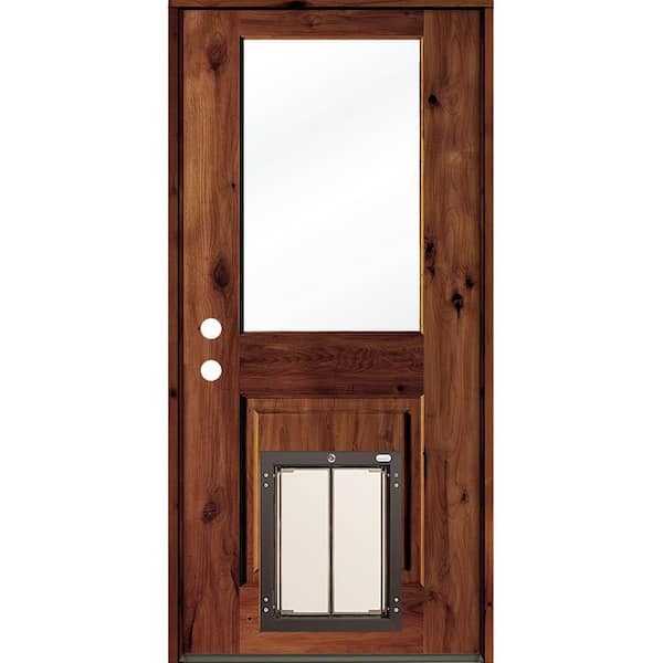 Krosswood Doors 36 in. x 80 in. Right-Hand 1/2 Lite Clear Glass Red Chestnut Stained Wood Prehung Door with Large Dog Door