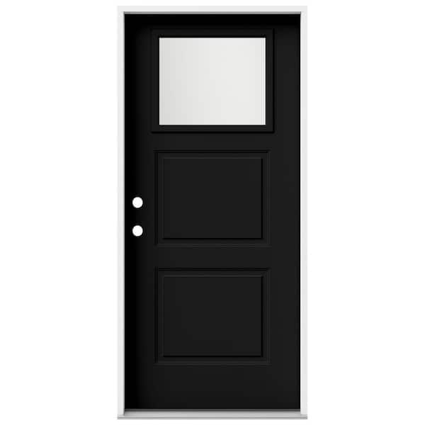 36 in. x 80 in. 2 Panel Right-Hand/Inswing 1/4 Lite Frosted Glass Black Steel Prehung Front Door