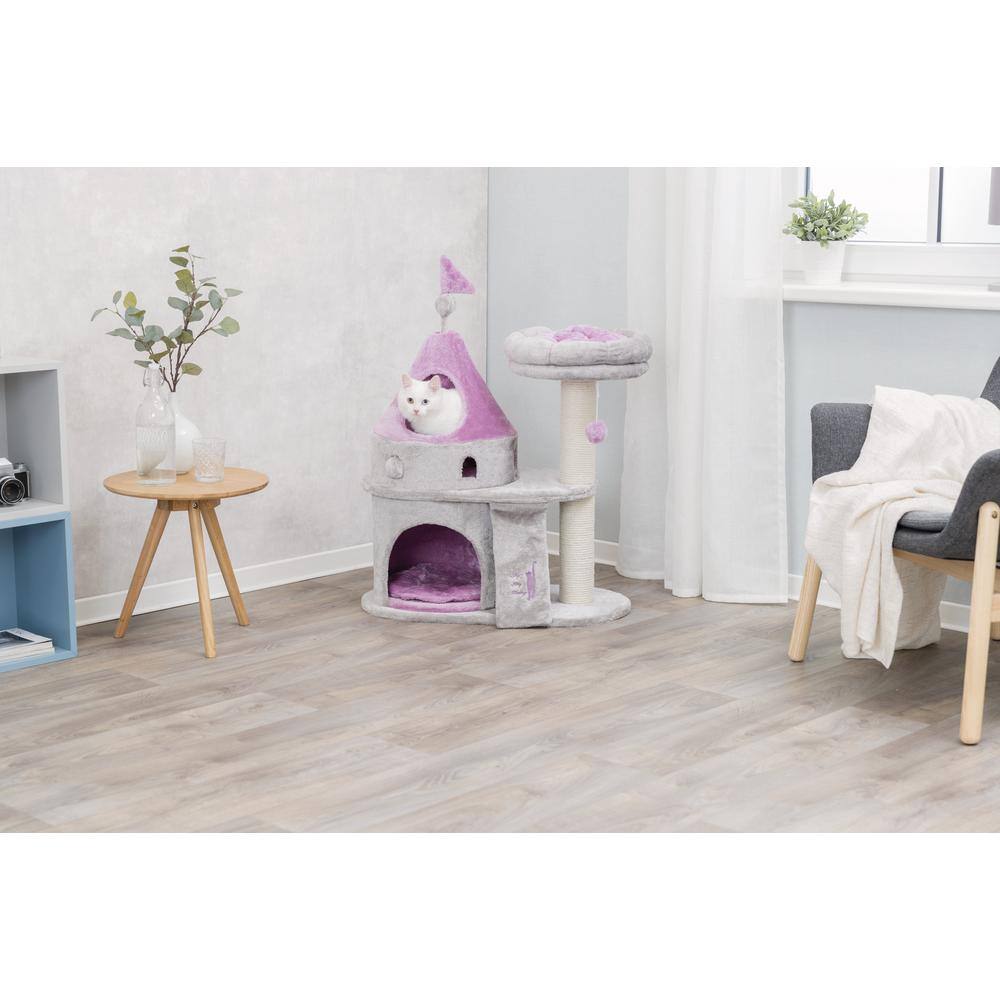 Gray and Lilac Sisal Castle Cat Tree with Removable Cushion