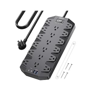 6.5 ft. Flat Plug Extension Cord Power Strip 18-Outlets Surge Protector Mountable in Black with 2 USB A & 2 Type C Ports