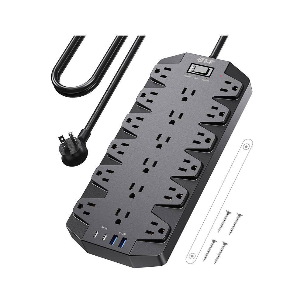 6.5 ft. Flat Plug Extension Cord Power Strip 18-Outlets Surge Protector Mountable in Black with 2 USB A & 2 Type C Ports price history on PriceWatchPro