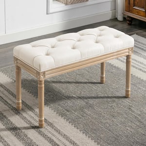 32 in.x 16 in.x 18 in. Ivory Beige Wooden Vintage Upholstered Bench with Carved Wood Color Legs, Bedroom Bench