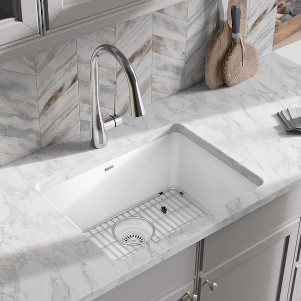Quartz Classic 25 in. Undermount Single Bowl White Granite/Quartz Composite Kitchen Sink Kit w/ Accessories