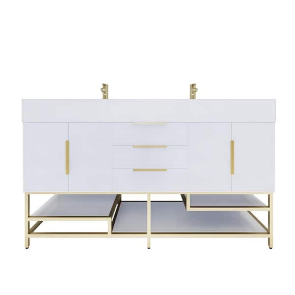 Bethany 59 in. W. x 20 in. D x 36 in. H Double Sink Freestanding Bath Vanity in High Gloss White with White Acrylic Top
