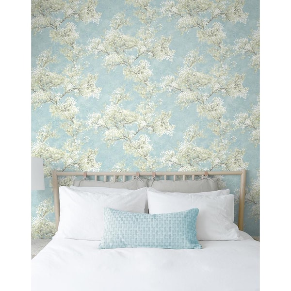 Blue Mist and Green Tea Cherry Blossom Grove Vinyl Peel and Stick Wallpaper Roll 30.75 sq. ft.