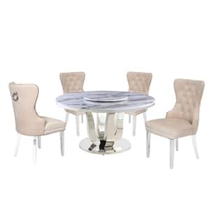 Gina 6-Piece Marble Top W/Lazy Susan Stainless Steel Base Table Set, 4 Cream Velvet Chair W/Nail Head Trim & Back Ring