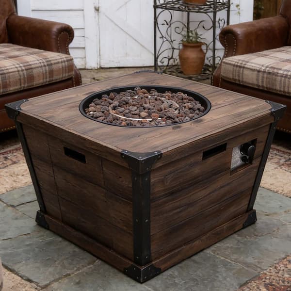 32 in. Brown Wood Pattern Square Propane Outdoor Fire Pit