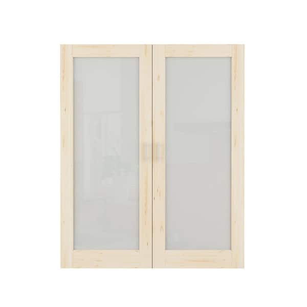 64 in. x 80 in. 1-Lite Frosted Glass Unfinished Pine French Door Panels without Jamb Double Door Slab with Ball Catch