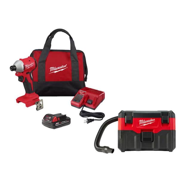 Milwaukee M18 18V Lithium-Ion Compact Brushless Cordless Impact Driver Kit w/2.0Ah Battery, Charger, Bag & M18 2 Gal Wet/Dry Vac