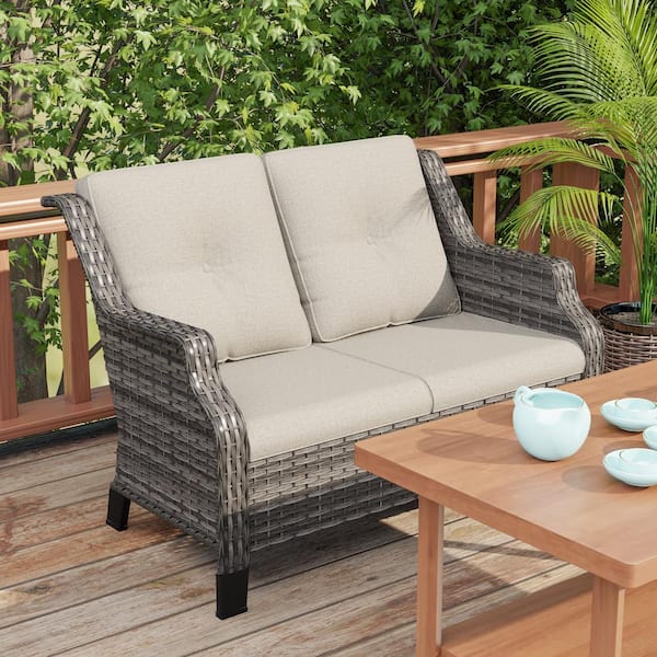 Brown Wicker Outdoor Patio Loveseat 2-Seat Sofa Couch with Beige Cushions