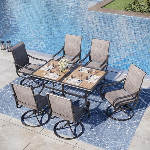 PHI VILLA Black 7-Piece Metal Outdoor Patio Dining Set with Wood-Look Umbrella Table and Padded Textilene Swivel Chairs