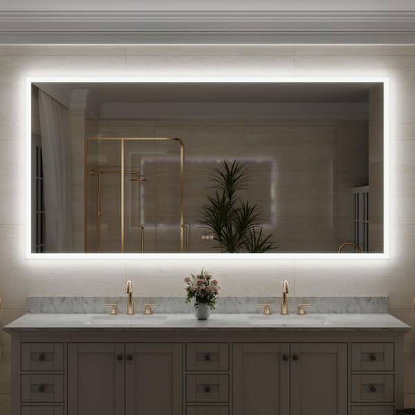 ANGELES HOME 84 in. W x 42 in. H Rectangular Framed Wall LED Bathroom Vanity Mirror with Dimmer, Defogger, Tri-Color, UL-Certified