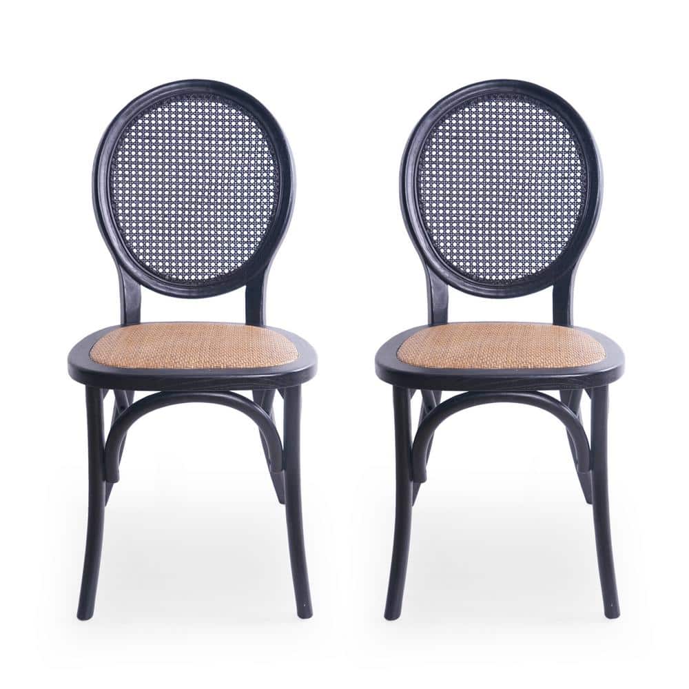Matte Black Wood and Cane Low Back Side Chair Set