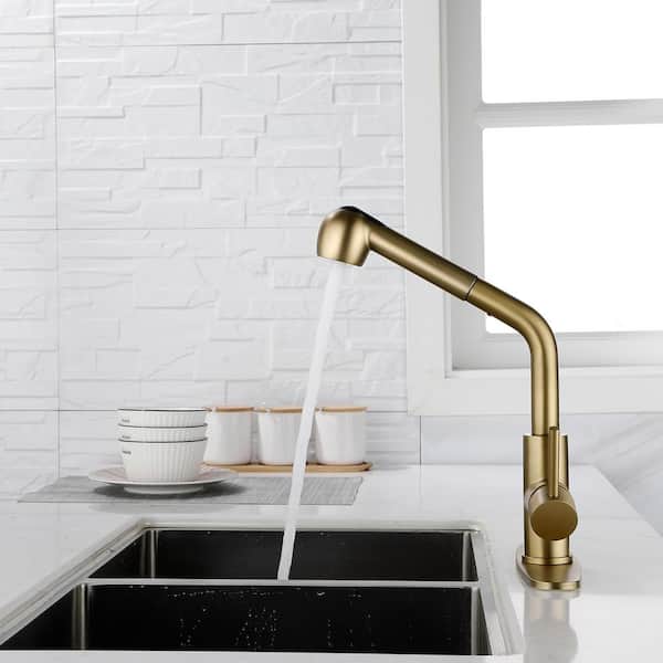 Single Handle Pull Out Sprayer Kitchen Faucet with Deckplate Included in Brushed Gold