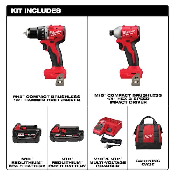 M18 18-Volt Lith-Ion Brushless Cordless Compact Hammer Drill/Impact Combo Kit (2-Tool) with (2) Batteries, Drill Bit Set