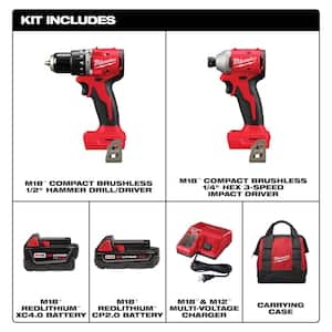 M18 18-Volt Lithium-Ion Brushless Cordless Compact Hammer Drill/Impact Combo Kit (2-Tool) with (2) Batteries, Bag