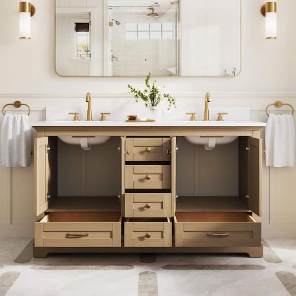 Pure 60 in. W Double Sink Freestanding Oak Solid Wood Bath Vanity with White Cultured Marble Top (Assembled)