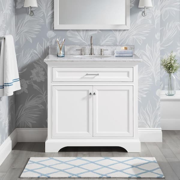 Windlowe 37 in. Single Sink White Bath Vanity with White Carrara Marble Top (Assembled)