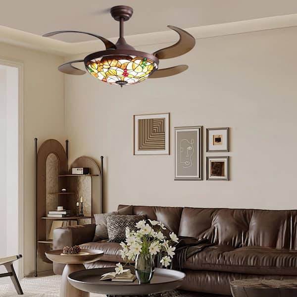 48 in. Smart Indoor Brown Retractable Ceiling Fan with Integrated LED Light and Remote APP Tiffany Glass Shade