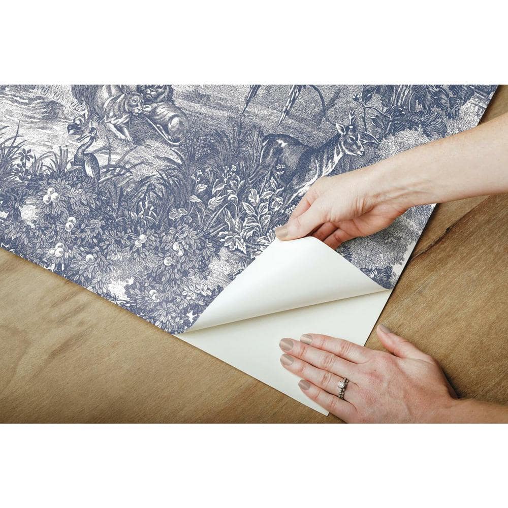 Blue and Gray Jungle Toile Peel and Stick Wallpaper Roll