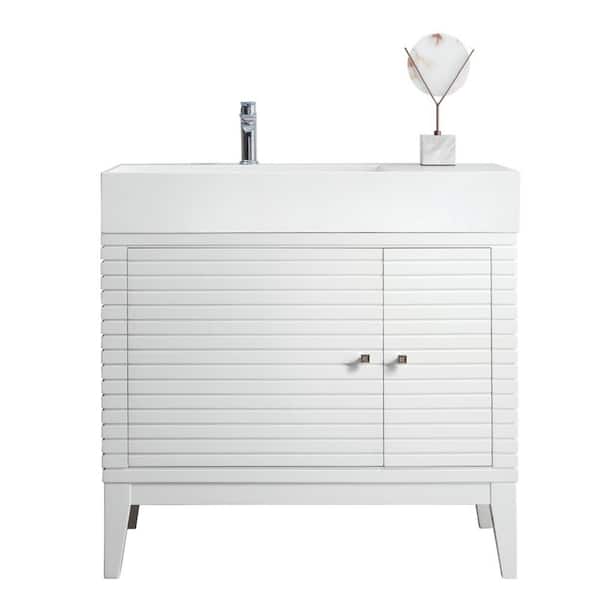 James Martin Vanities Linear 35.5 in. W x 19 in.D x 34.5 in.H Single Bath Vanity in Glossy White with Solid Surface Top in Glossy White