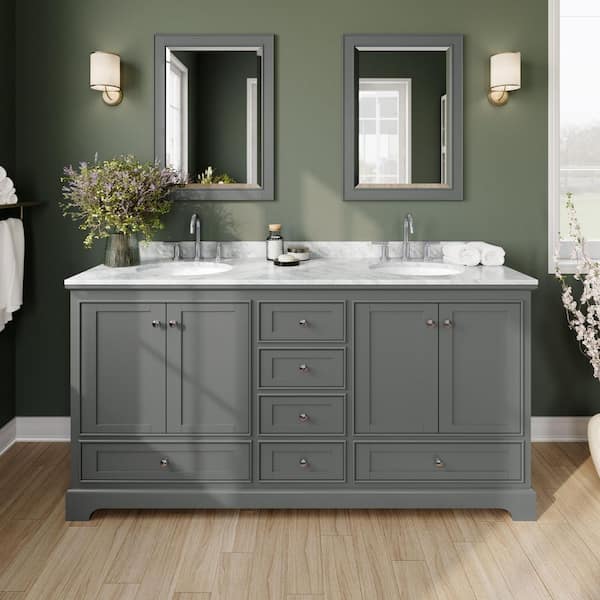 Wyndham Collection Deborah 72 in. Double Vanity in Dark Gray with Marble Vanity Top in White Carrara with White Basins and 24 in. Mirrors