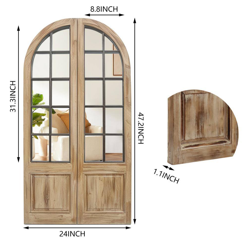 Rustic Arched Windowpane Wood and Metal Wall Mirror, 24 x 47.25 Inch