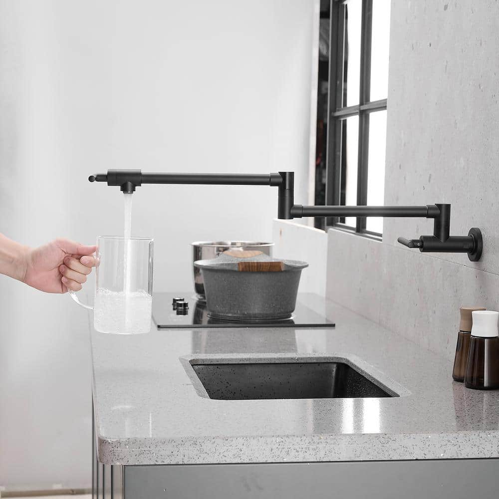 Matte Black Brass Wall-Mounted Pot Filler Faucet with Dual Joint Swing Arm