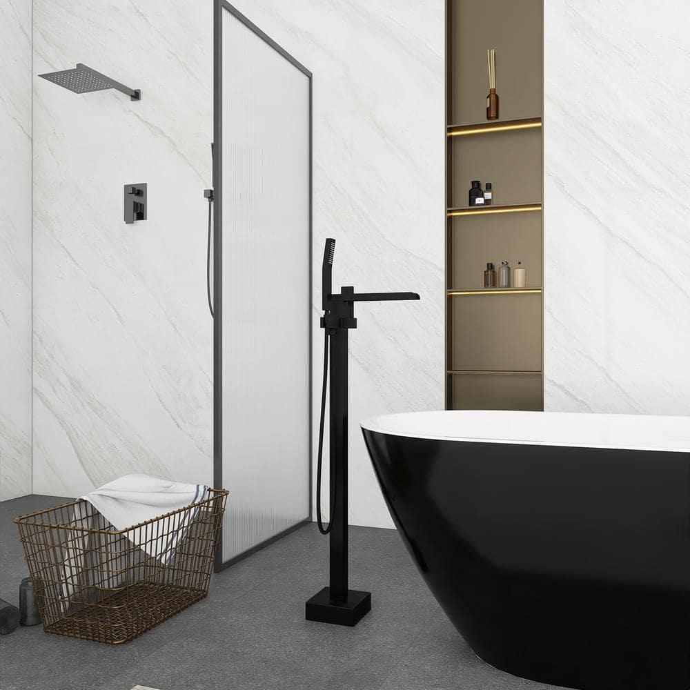 Matte Black Brass Floor-Mounted Freestanding Tub Filler