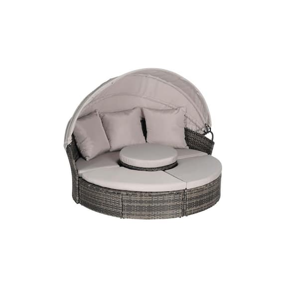 Sudzendf Gray Wicker Outdoor Day Bed with Light Gray