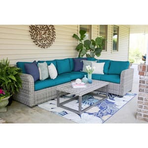 Forsyth 5-Piece Wicker Outdoor Sectional Seating Set with Peacock Polyester Cushions