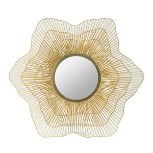 Medium Sunburst Frame Gold And Glass Ring Black Hooks Mirror (27 in. H x 27 in. W)