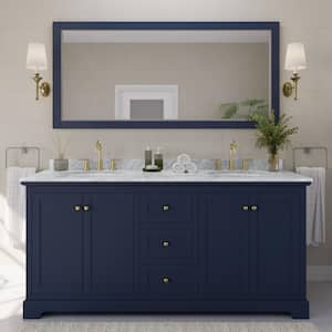 Avery 72 in. W x 22 in. D Bathroom Vanity in Dark Blue with Marble Vanity Top in White Carrara with White Basins