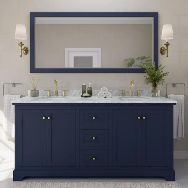 Wyndham Collection Avery 72 in. W x 22 in. D Bathroom Vanity in Dark Blue with Marble Vanity Top in White Carrara with White Basins