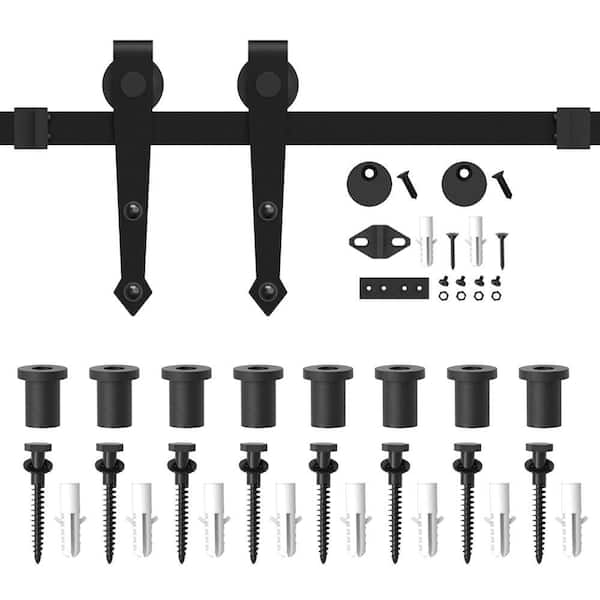 WINSOON 10 ft./120 in. Black Heavy-Duty Steel Rolling Barn Door Hardware Kit for Single Wood Door with Non-Routed Floor Guide