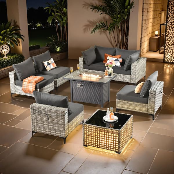 Coralia Gray 8-Piece Wicker Patio Conversation Sets With Fire Pit Table, Black Cushion and Lighted Coffee Table