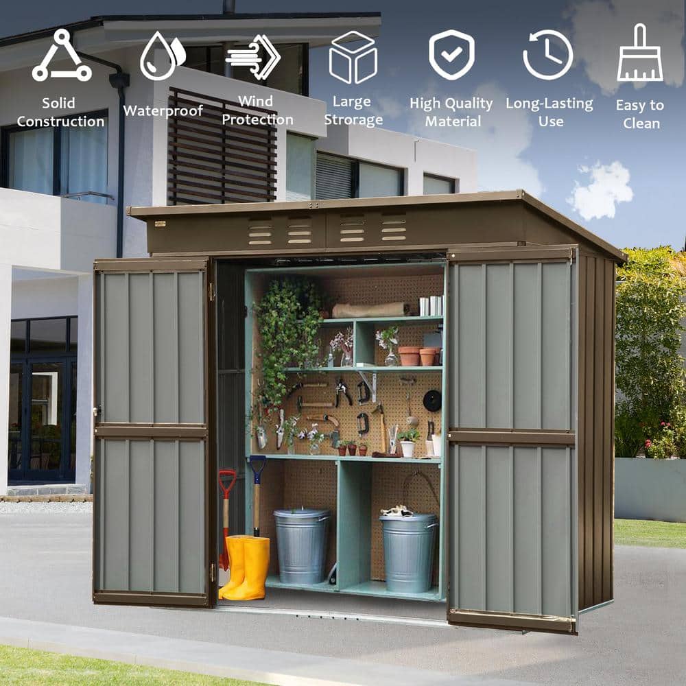 Brown 6x4 ft Metal Outdoor Storage Shed with Lockable Double Door