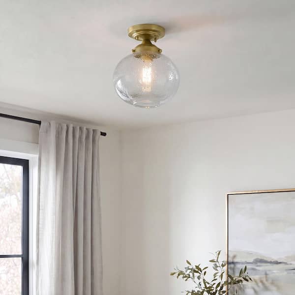 Avery 9.75 in. 1-Light Natural Brass Hallway Vintage Industrial Semi-Flush Mount Ceiling Light with Clear Seeded Glass