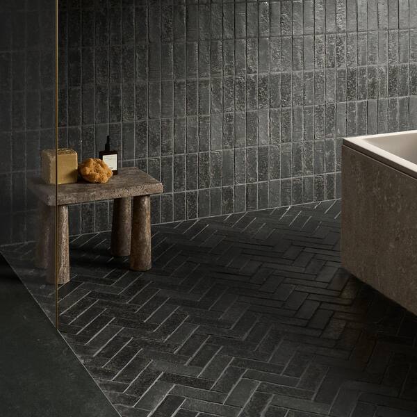 Creston Charcoal Gray 4 in. x 0.39 in. Herringbone Matte Porcelain Mosaic Floor and Wall Tile Sample