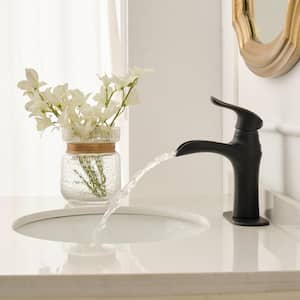 Waterfall Single Hole Single-Handle Low-Arc Bathroom Faucet With Deck Plate in Matte Black