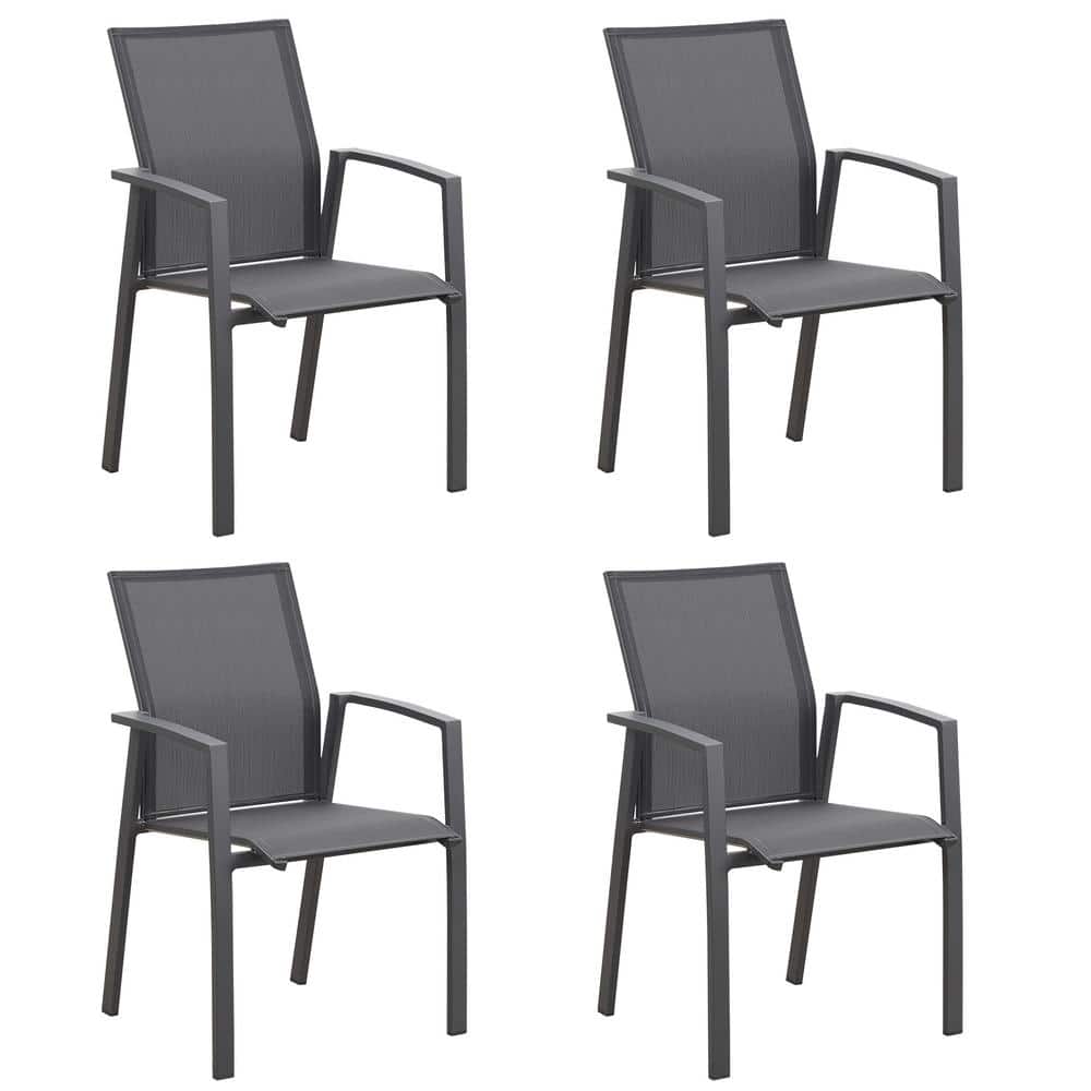 Grey Aluminum Stackable Patio Dining Armchairs, Set of 4