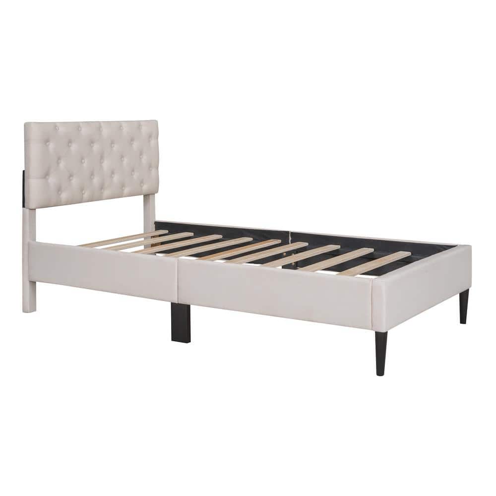 79.7 in. W x 40.9 in. D x 39.8 in. H Beige Wood Linen Cabinet with Twin Size Upholstered Linen Platform Bed