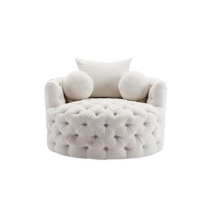 Beige Chenille Swivel Upholstered Barrel Living Room Chair With Tufted Cushions
