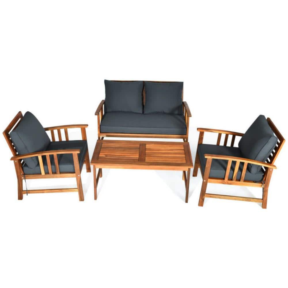 4-Piece Brown Acacia Wood Patio Set with Gray Cushions