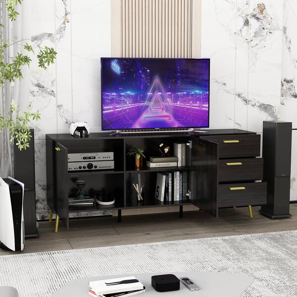FUFU&GAGA 69 in. W Black Wood TV Console Entertainment Center for TV up to 85 in.